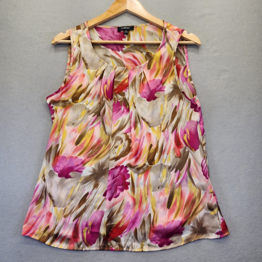 Elementz Womens Pink Yellow Floral Abstract Sleeveless Pleated Top Blouse Medium